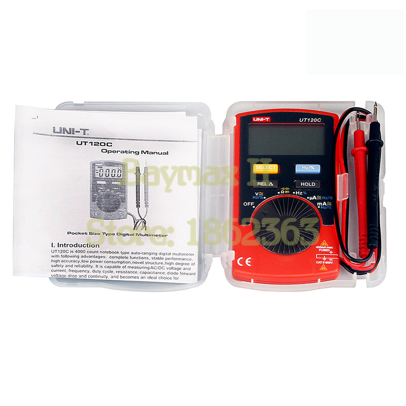 UNI-T-multímetro Digital de rango automático, capacitancia, resistencia, medidor de voltaje de corriente CA/CC, Ultra portátil, UT120C
