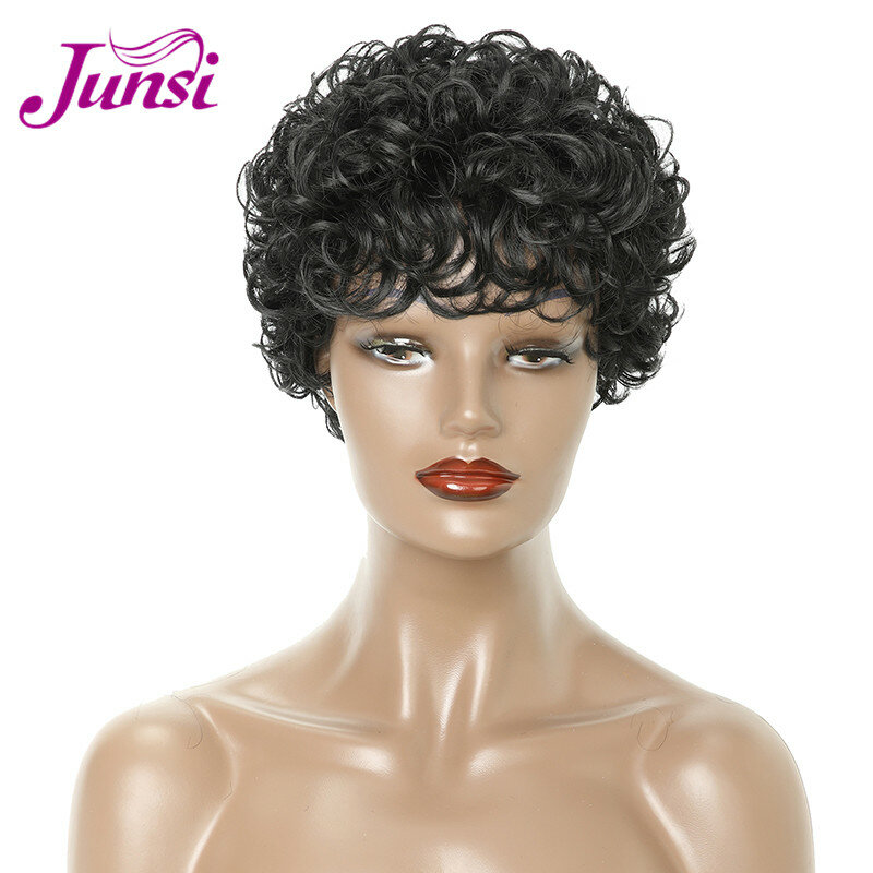 JUNSI-coiffure synthétique courte bouclée | Coupe Pixie pour femmes, coiffure mixte de couleur brune