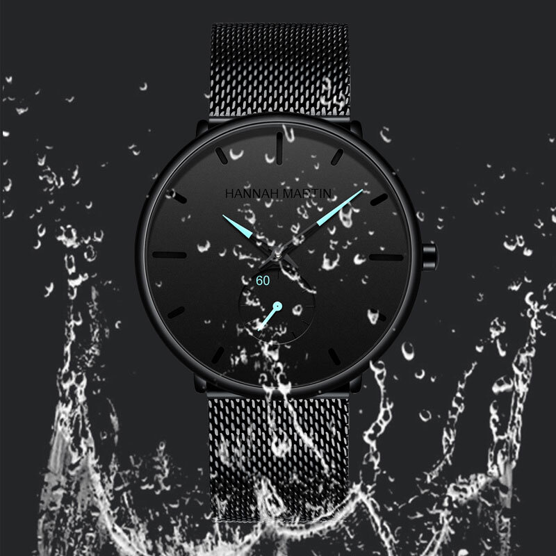 Hannah martin relógio de pulso masculino, casual, de quartzo, marca de luxo, à prova d'água, preto, aço inoxidável, 2019