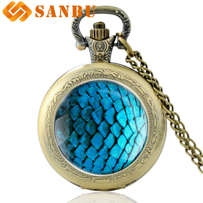 Модные голубые кварцевые карманные часы с драконом, винтажные мужские и женские классические Очаровательные Подвески, ожерелье