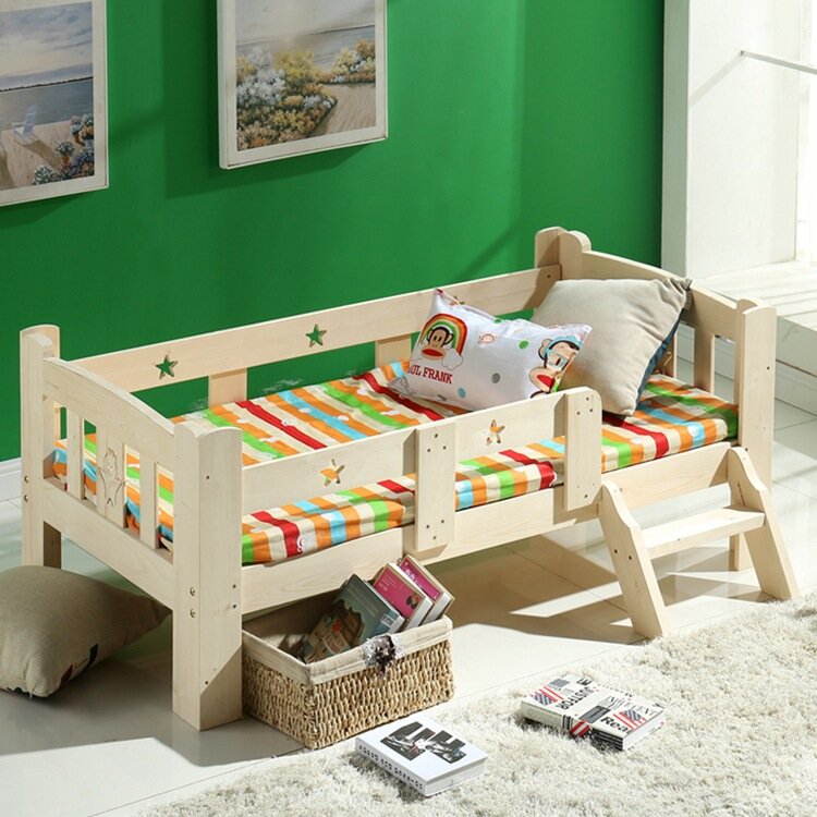 Modern Fashion Solid Wood Children Bed Widen Lengthen Baby  Pine Wooden Bed With Ladder Fence Storage Drawer Baby Crib