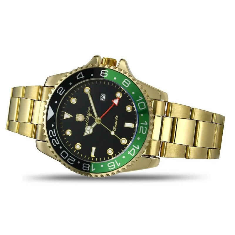 "Thstar orologi da uomo in oro orologi al quarzo con data automatica di lusso di nuova marca orologio classico in acciaio inossidabile oro nero blu verde GMT