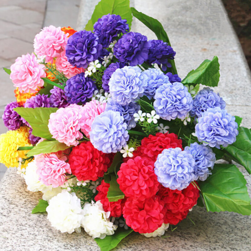 Nowe świetnie sprzedające się sztuczne kwiaty wielobarwne piękne plastikowe druty 8 sztuczna hortensja Home Decoration pachnące chryzantemy