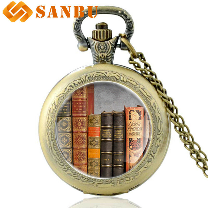 Livros de bronze antigo, relógio de bolso vintage de quartzo para homens e mulheres, colar de prata com pingente, joias, presentes