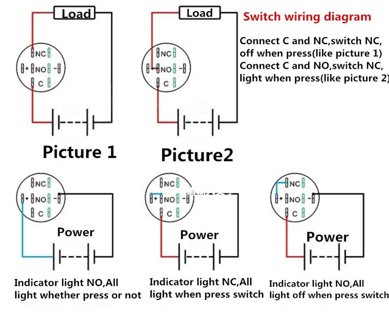 Interruptor de botón cuadrado con luz iluminada LED, autobloqueo/desbloqueo sin NC, 6/12/24/220V