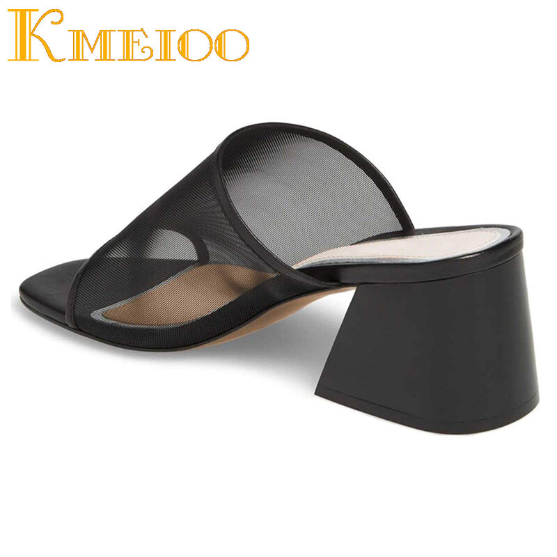 Kmeioo 2020 Mode Damen Schuhe Komfortable Mesh Offene spitze Sandalen Chunky Heels Maultiere Rutsche Sommer Frau Schuhe Plus Größe 35-46