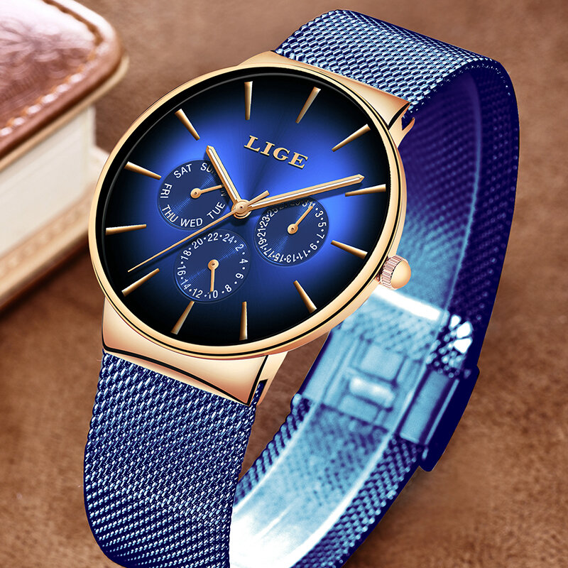 Lige relógio feminino quartzo, relógio com pulseira azul à prova d'água