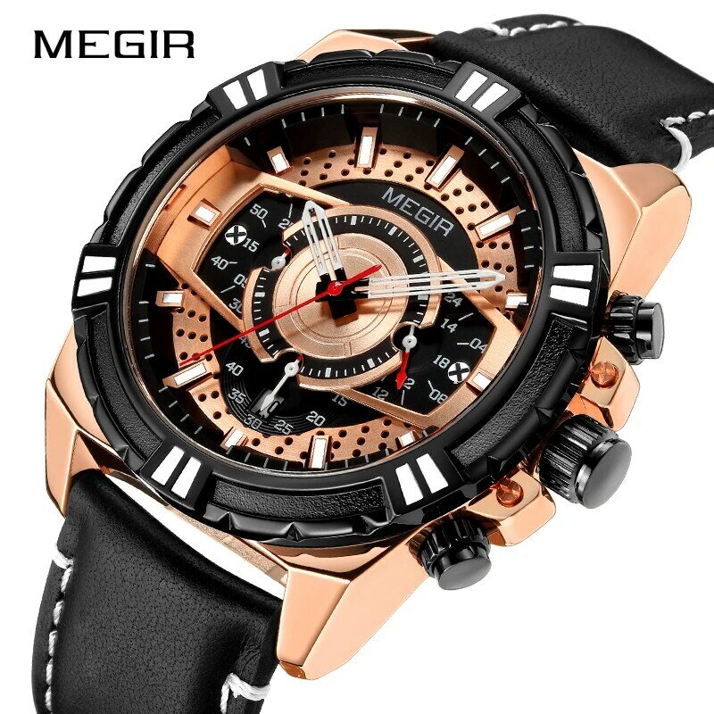 MEGIR Men's Watch Leather Strap Army Sports Casual Watches Waterproof Luminous Quartz Wristwatches Men Relogios Masculino Clock