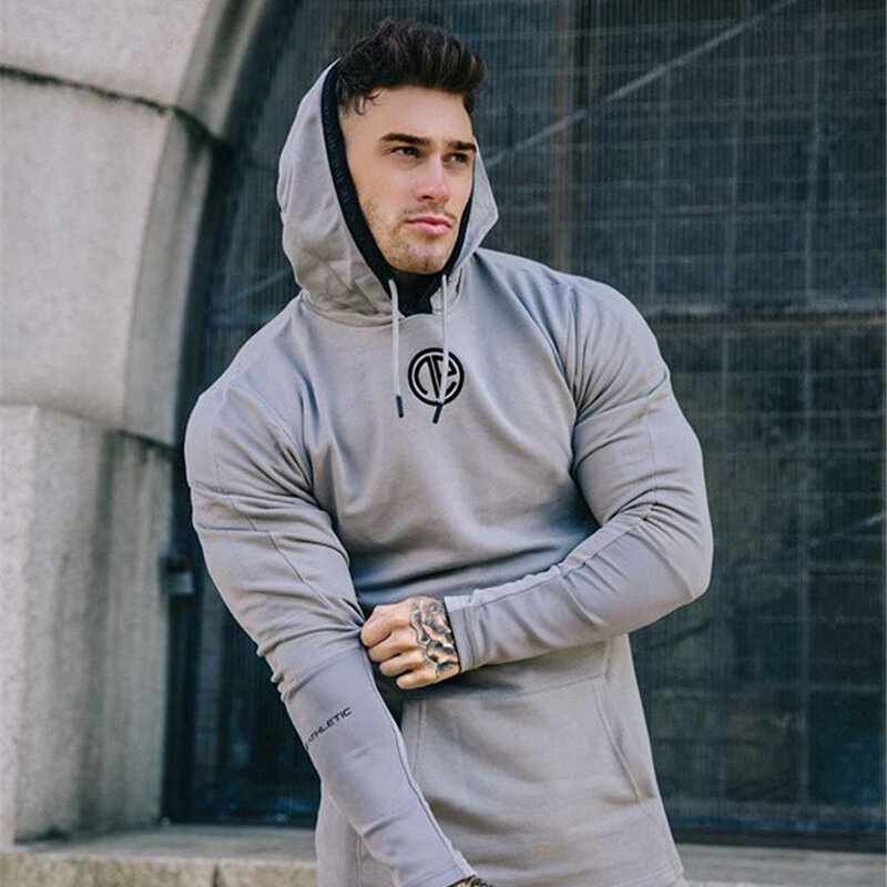 New Men'S Hooded Long-Sleeved Blouse Elastic Hooded Bodybuilding Training Cotton Clothing Sports Jacket