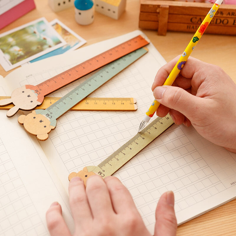 Regla de madera de estilo kawaii para estudiantes, bonito artículo de papelería coreana, oso, rabbite, 15cm, color aleatorio, herramientas de dibujo, regalo escolar