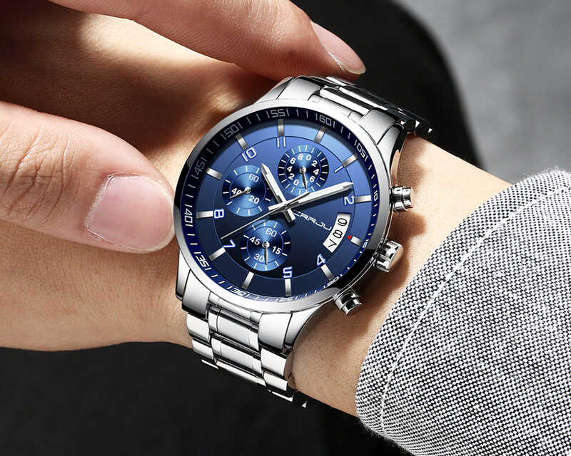 CRRJU haut de gamme marque de luxe haute qualité chronographe hommes montre d'affaires étanche plein acier montre à Quartz hommes Relogio Masculino