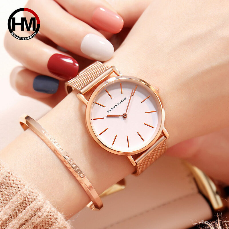 Hannah martin relógio de pulso de quartzo feminino relógios pulseira de prata senhoras relógio de aço inoxidável relógio casual à prova dwomen água