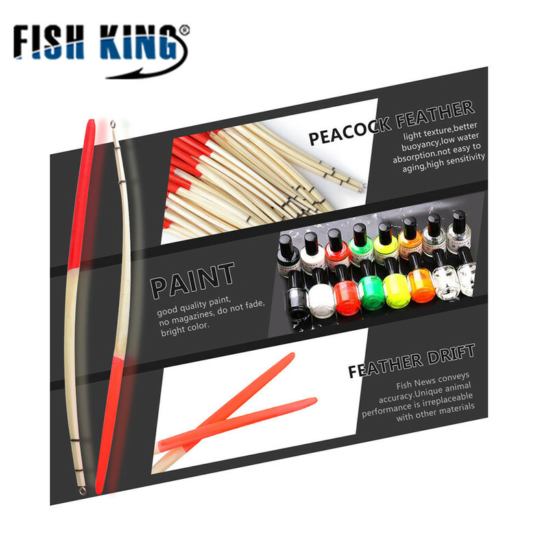 FISH KING – flotteur de pêche à queue dure, avec anneaux, 2 couleurs, plume de paon, 10 pièces/lot