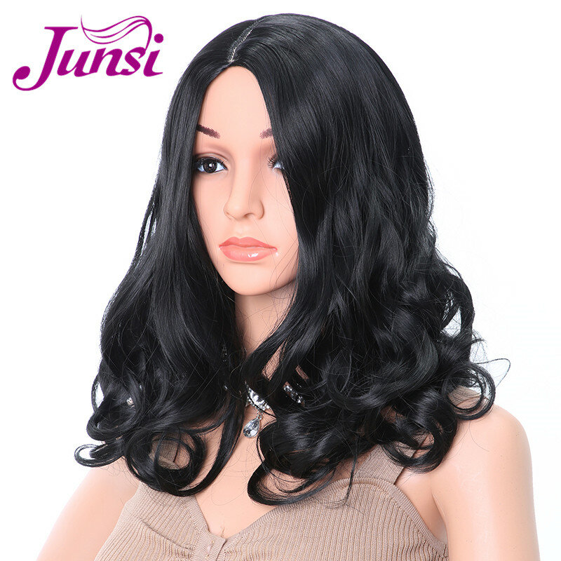 JUNSI 12 дюймовые средние волнистые парики для женщин, черный синтетический парик, женские натуральные волосы