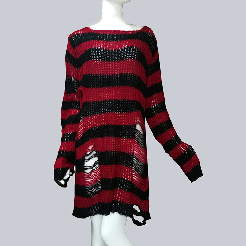 Plus Size Punk Gothic Long Unisex Sweater Dress Women Man Striped Cool Hollow Out Hole Broken Jumper Loose Rock Thin Sweter 2021