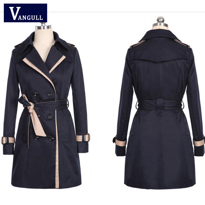Vangull Fashion Women Thin Trench Coat Turn-down Collar Double Breasted Patchwork spell color Trench Slim Plus Size Wind coat