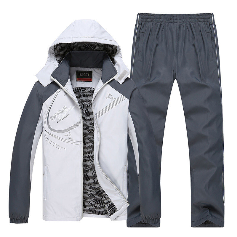 Новые модные мужские зимние спортивные костюмы, плотное теплое пальто + брюки, костюм, повседневная мужская спортивная одежда, пальто с капю...