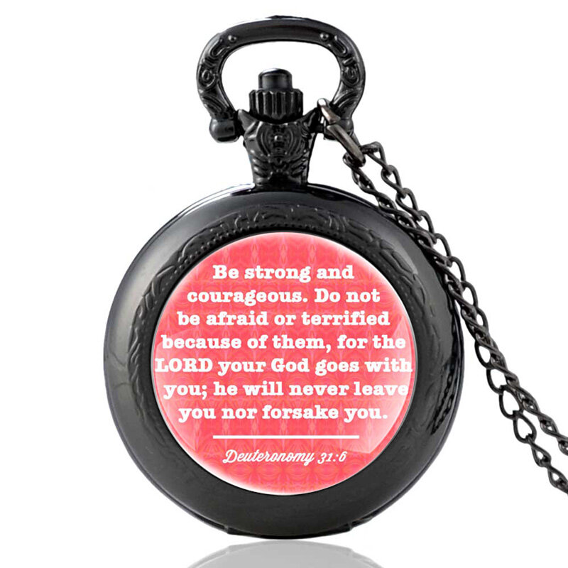 ساعة جيب كوارتز برونزية ، عتيقة ، بآية الكتاب المقدس ، قوية وشجاعة ، للرجال والنساء ، هدية مسيحية للحفلات