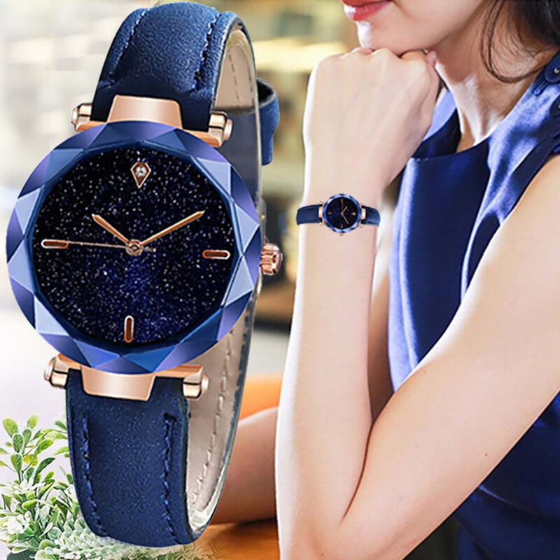 Explosion Neue Einfache Und Stilvolle Frauen Uhr Luxuriöse Starry Zifferblatt Konvexen Spiegel Lederband Uhr Reloj Mujer Dropshipping * EIN