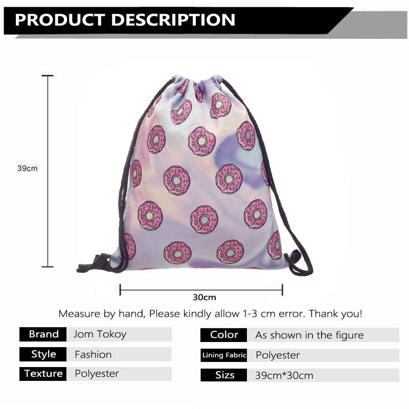 New fashion Women Holo Donuts drawstring Backpack 3D printing travel softback women mochila drawstring bags