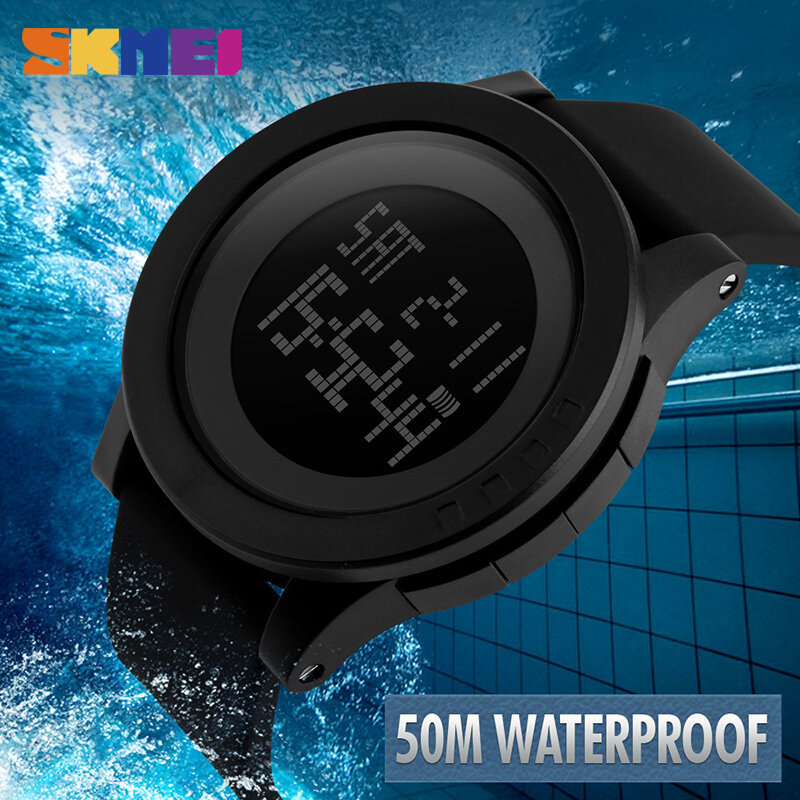 Skmei relógio digital esportivo masculino 1142, relógio cromo de pulso com tela led simples de 50m à prova d'água com alça de silicone de alarme, relógio colorido para homens