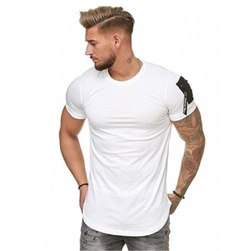 Camiseta de manga corta con cremallera para hombre, ropa informal de hombro, camiseta de Hip Hop, camiseta con dobladillo curvo largo, divertida camiseta ajustada de talla grande M-3XL