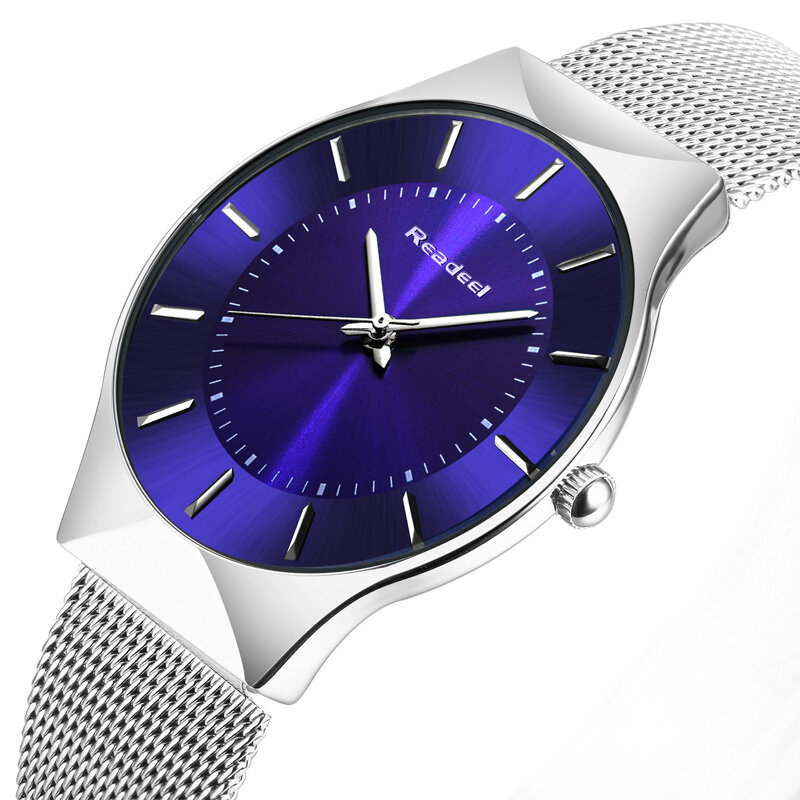 Relógio masculino com pulseira de malha de aço inoxidável, relógio analógico de quartzo com pulseira ultra fina, relógio de luxo para homens