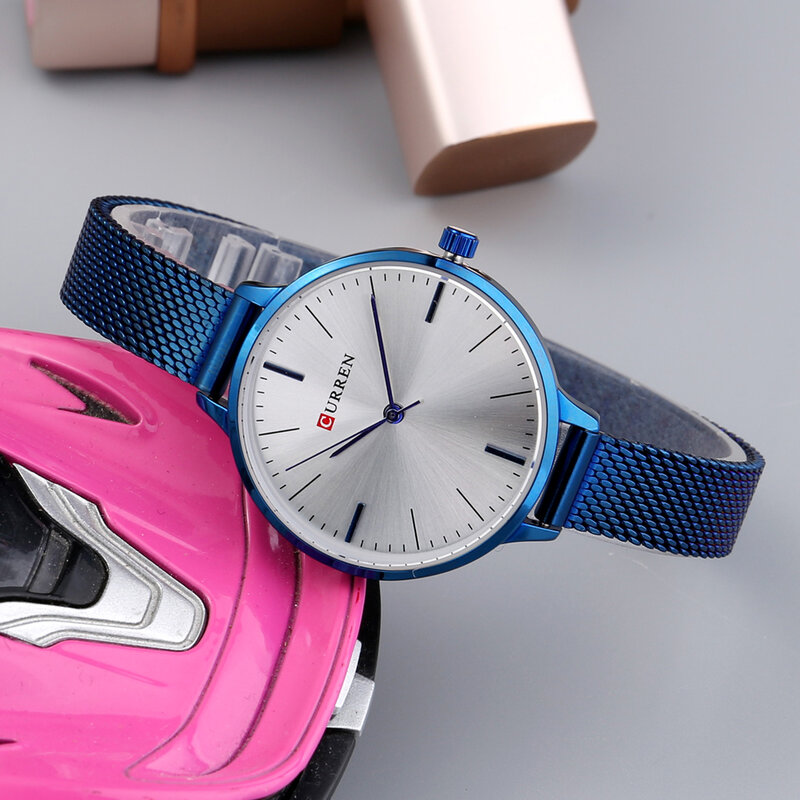 Curren relógio de pulso minimalista quartz, feminino de marca famosa, moderno, em aço com pulseira de malha