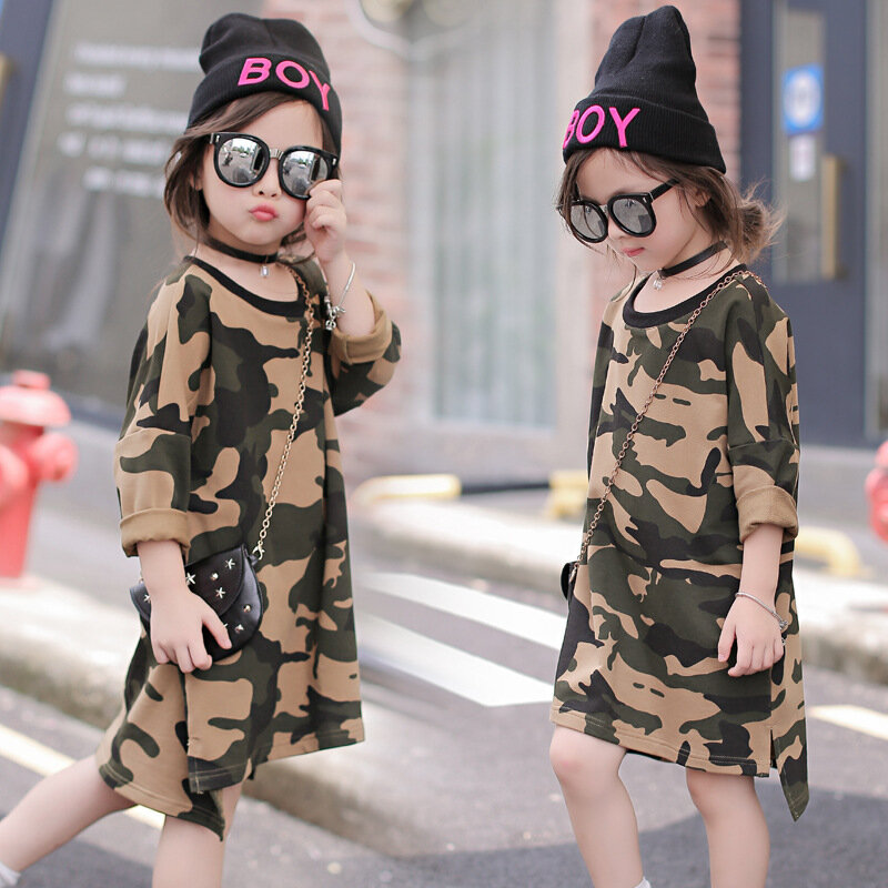 New 2018 Sping Girls Camouflage Dress Kid Loose Straight Dress Children Long Style Shirt Toddler Fashion Dress No Bag, 2-7Y