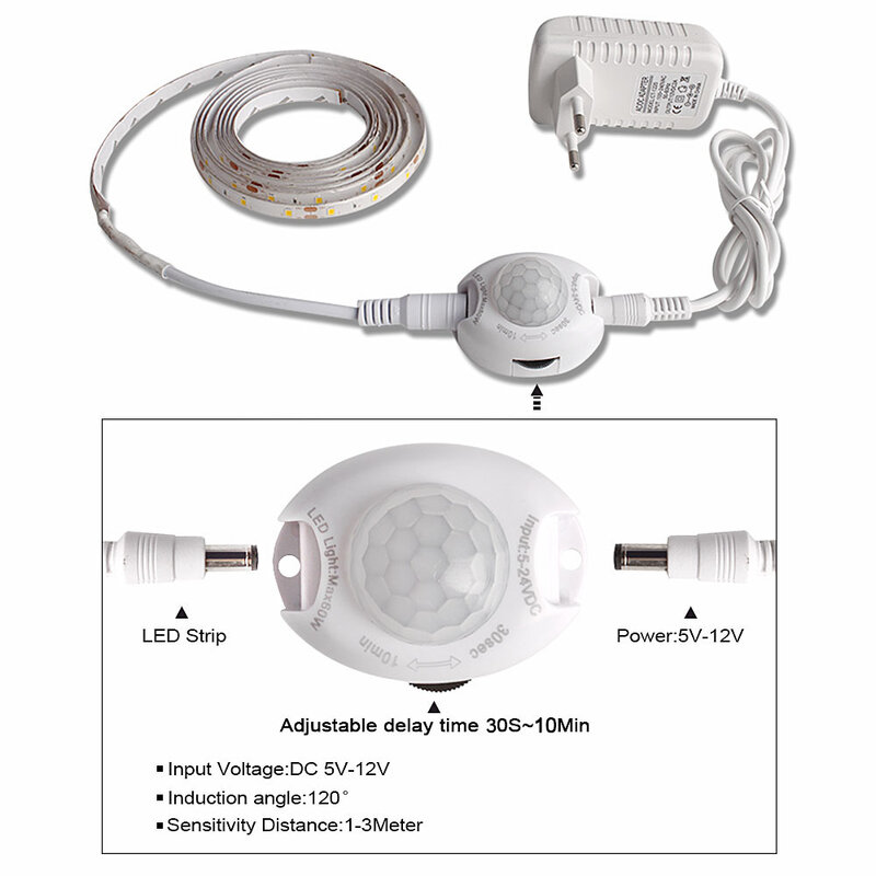Lumière LED sous-meuble avec capteur de mouvement, bande lumineuse étanche pour placard, garde-robe, lampe de lit, alimentation ue 220 12V