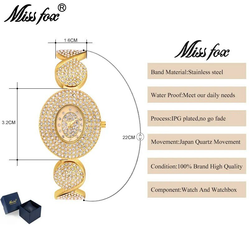 MISSFOX-relojes de cuarzo para mujer, accesorio de pulsera de lujo, resistente al agua, color dorado