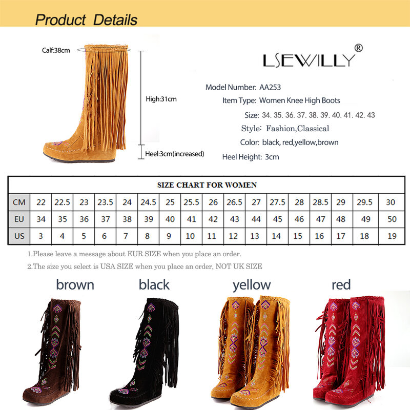 Lsewilly النساء الموضة قطيع شرابة الركبة أحذية طويلة سيدة السببية مثير طويلة عالية الكعب أحذية عالية الجودة أحمر أسود براون AA253