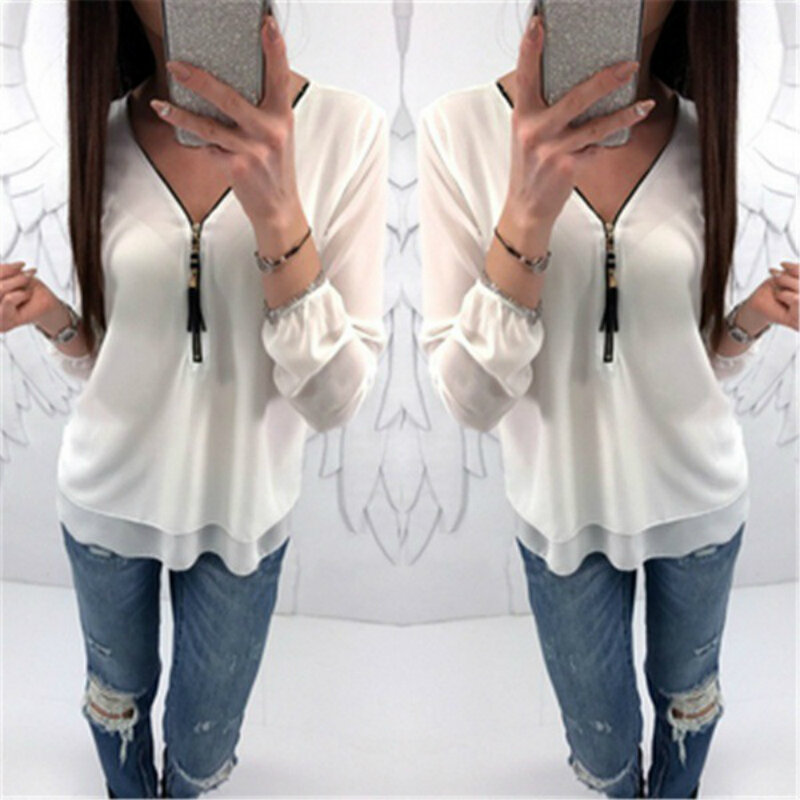 Fashion Women Back Hollow Out Long Sleeve Blouse 2018 Casual Loose Solid Color Deep V Neck Zipper Chiffon Blouses Tops Plus Size