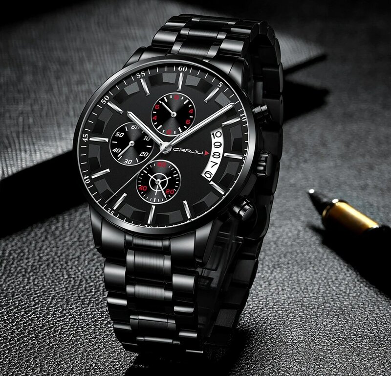 NEW Fashion CRRJU Men's Casual Sports Slim Waterproof Watch Luxury Brand Chronograph Date Full Steel Mesh Wristwatches Best Gift