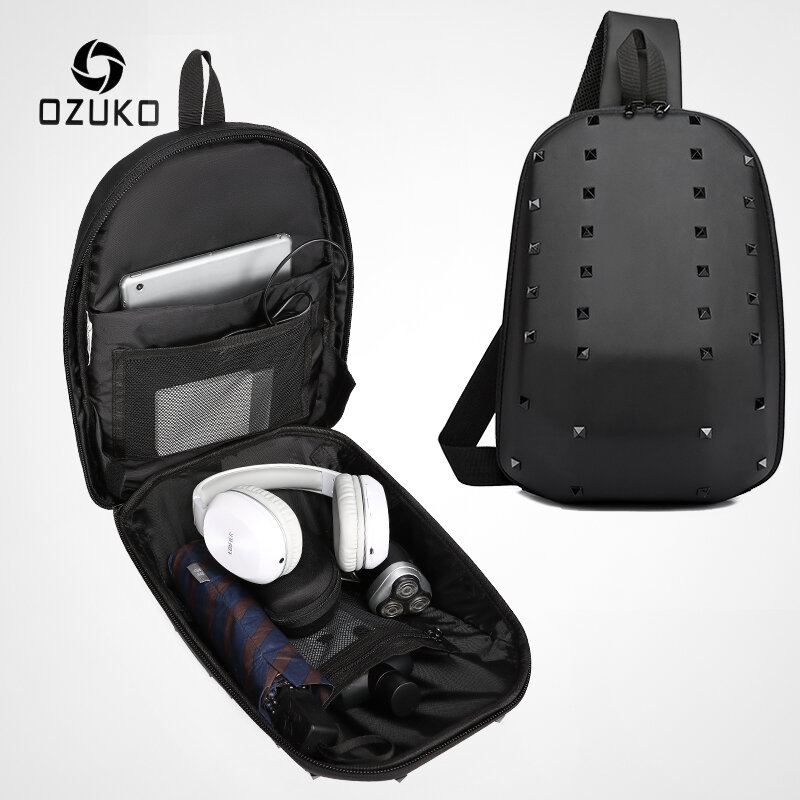 OZUKO модная мужская сумка на плечо с заклепками, мужская сумка через плечо с жестким корпусом, водонепроницаемая короткая сумка-слинг с USB для...