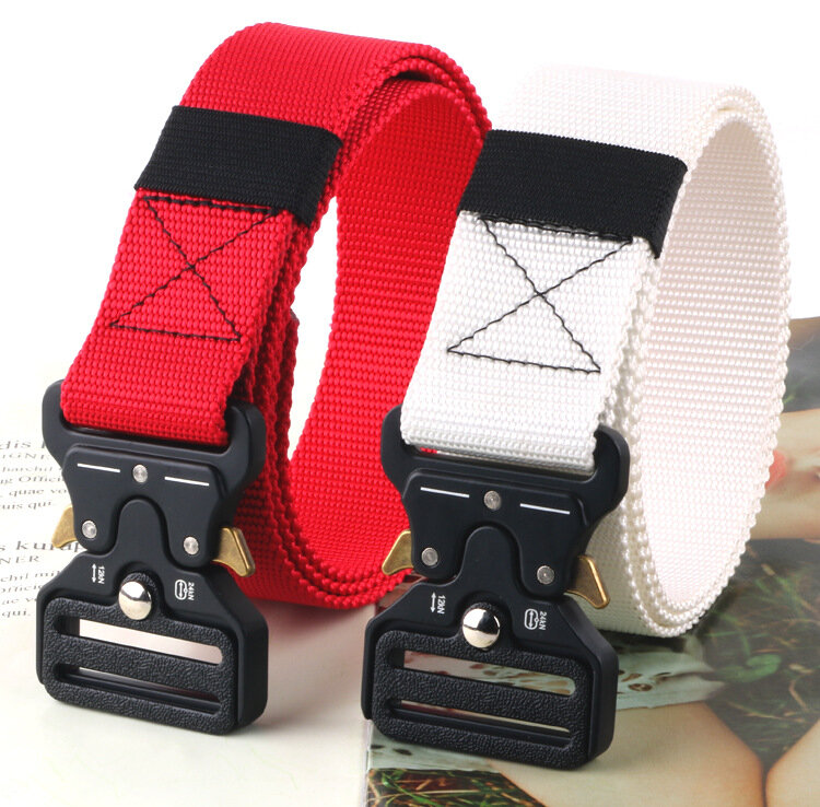 Cinturón táctico de nailon con hebilla de Metal para hombre, cinturón de lona para entrenamiento al aire libre, Camuflaje rojo, militar, 3,8 CM