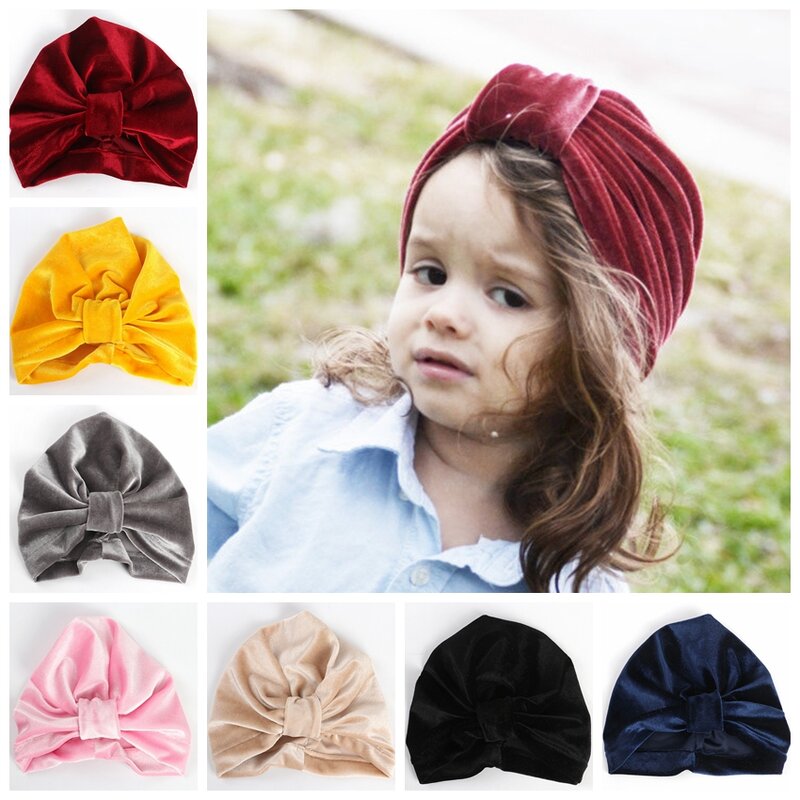 New Velvet Turban Hat Kids Cotton Blend Newborn Beanie Stylish Top Knot Caps Headwear Birthday Gift Photo Props