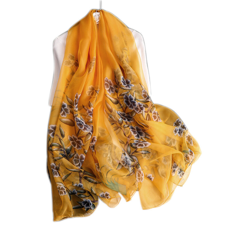 Новый летний шифоновый шарф, женские мягкие праздничные шарфы с принтом османтуса для женщин, солнцезащитный большой шарф для моря, женская...