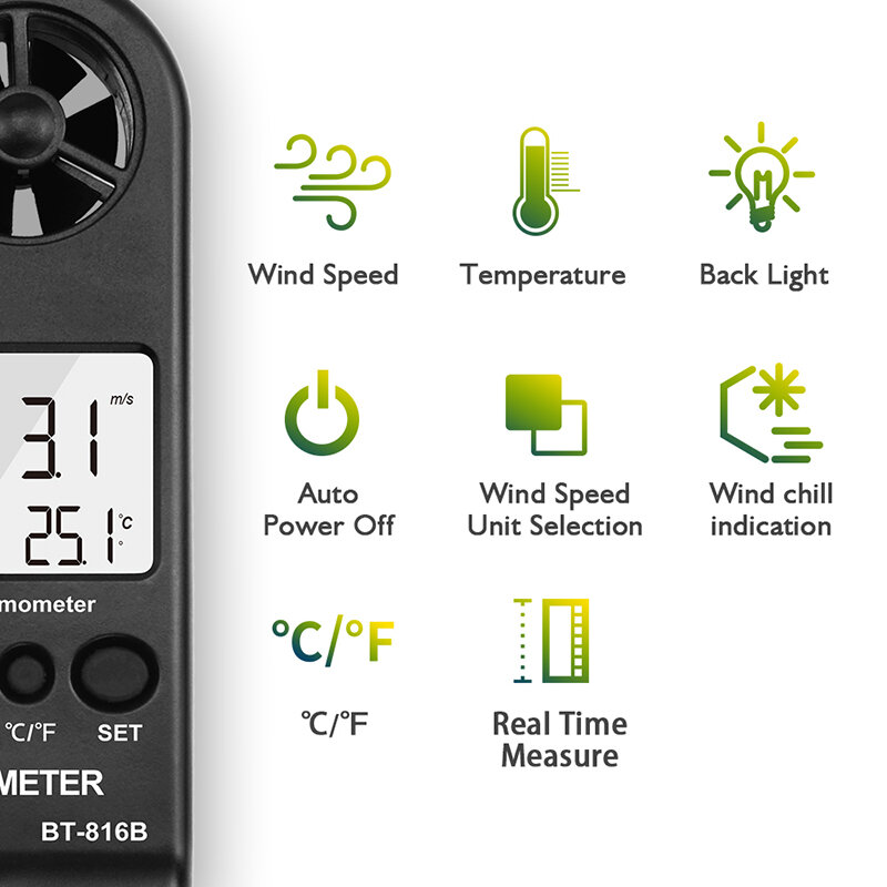 BEMETER BT-816B – Mini anémomètre numérique LCD portable, testeur de débit d'air, compteur de vitesse du vent, paquet de 2