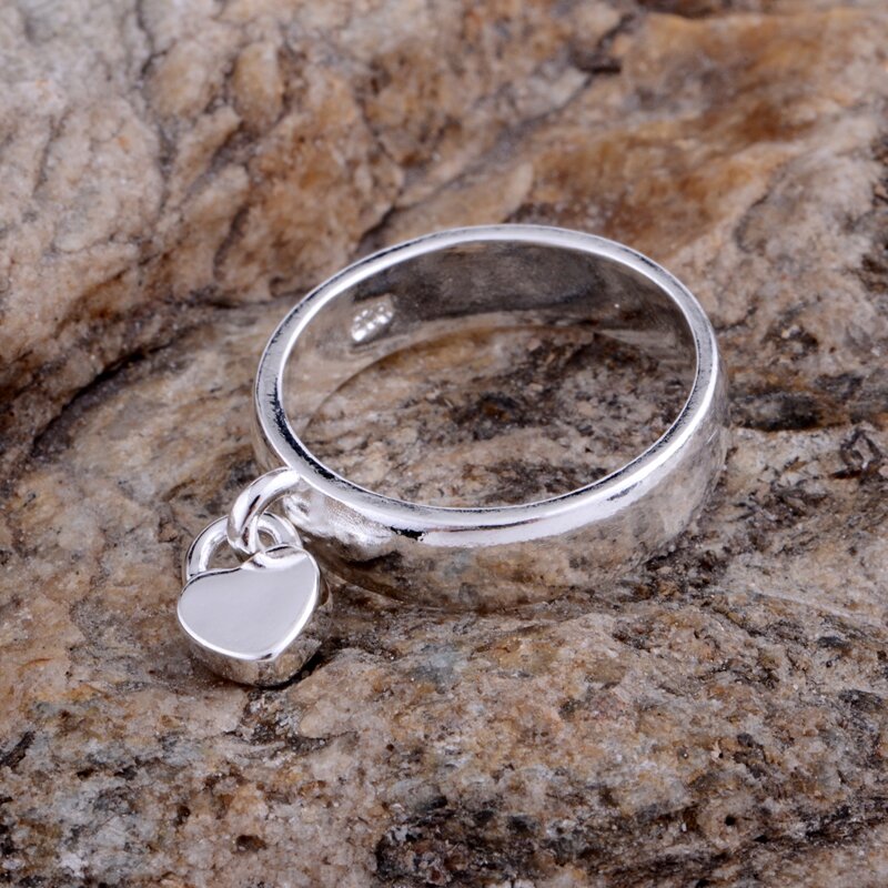 Cordiform anel de prata 925, anel arredondado brilhante banhado a prata