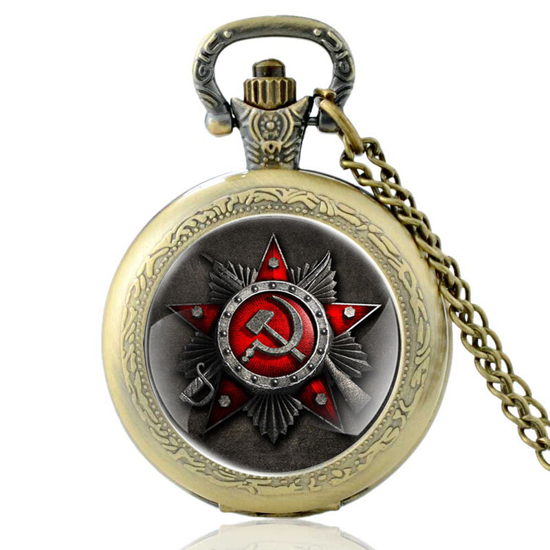 W stylu Vintage brąz klasyczny sowieckiej rosji sierp młotek zegarek kieszonkowy kwarcowy Retro mężczyzna kobiet CCCP wisiorek naszyjnik zegarki