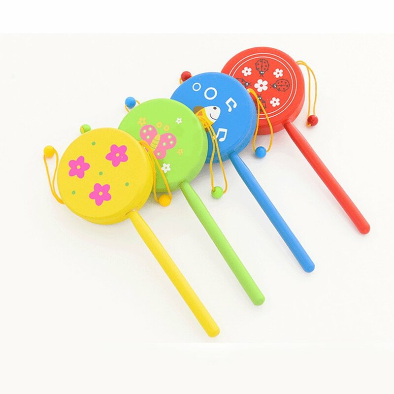 1pc Chinese Traditional Wooden Rattle Drum Spin Toys For Baby Kids Cartoon Smile Musical Hand Bell Baby Musical Instrument Toy