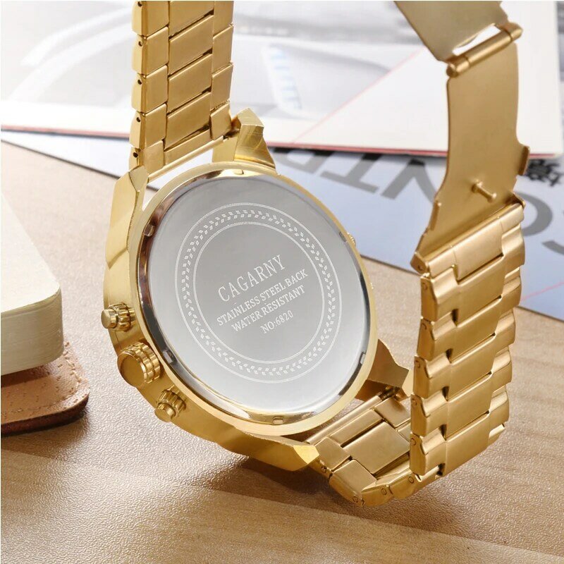 Gold Watch Men Famous Brand Cagarny Men's Quartz Watches Man Stainless Steel Dual Times Military Relogio Masculino Male Clock