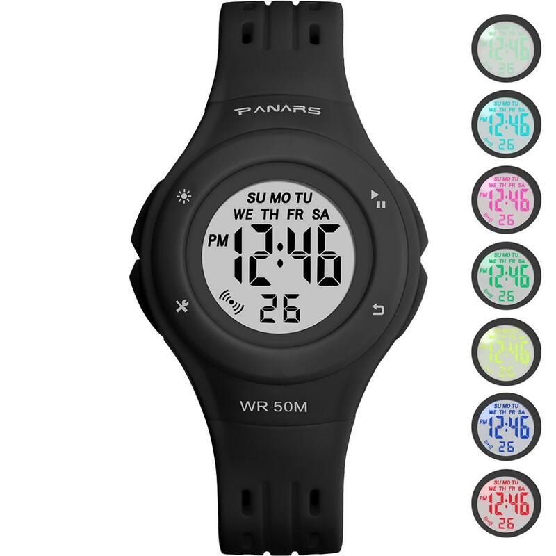 PANARS-어린이 방수 손목 시계, 50M, 다기능 다채로운 플래시 LED 알람 시계, 여아 및 남아용 어린이 시계