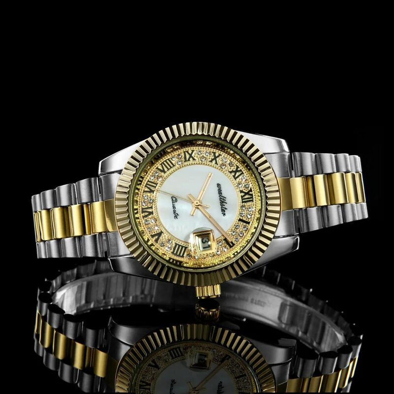 Wealthstar-Reloj de pulsera de acero inoxidable para hombre y mujer, cronógrafo con diamantes de imitación, fecha automática, masculino, 41 mm