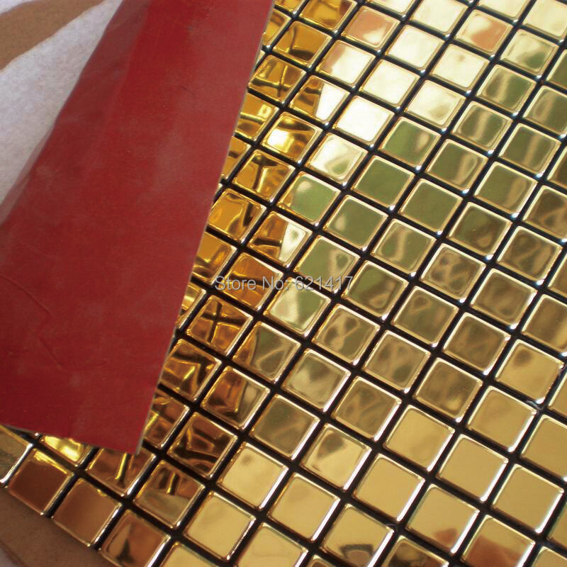 Mosaico de metal dourado espelhado alumínio placa de plástico folha de ouro azulejos de mosaico para cozinha respingo decoração azulejos hmsm1010