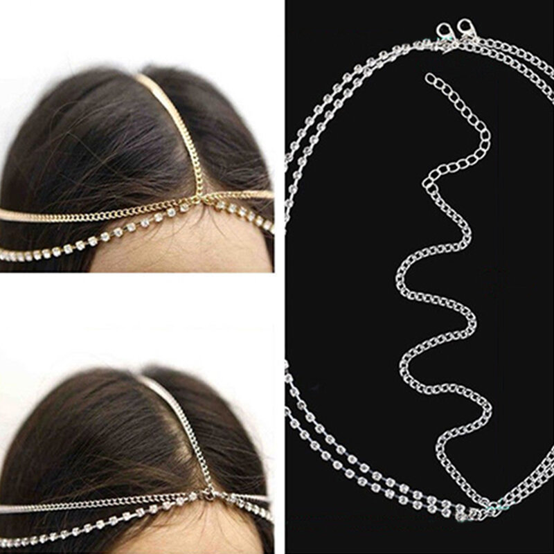 Moda Bohemia para mujer con diamantes de imitación en capas, cadena para la cabeza, banda para el cabello, joyería
