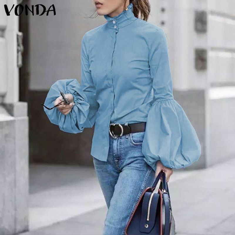 VONDA-여성용 블라우스, 2021 년 가을 튜닉 캐주얼 롱 랜턴 슬리브 셔츠, 오피스 레이디 블라우스, 버튼 터틀넥 탑스