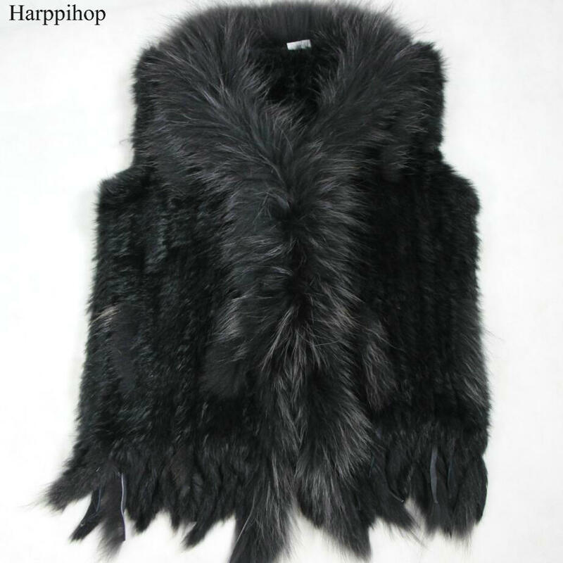 Harppihop-本物のウサギの毛皮で編まれた女性用ベスト,アライグマの毛皮の襟付きのベスト/ジャケット,無料配達