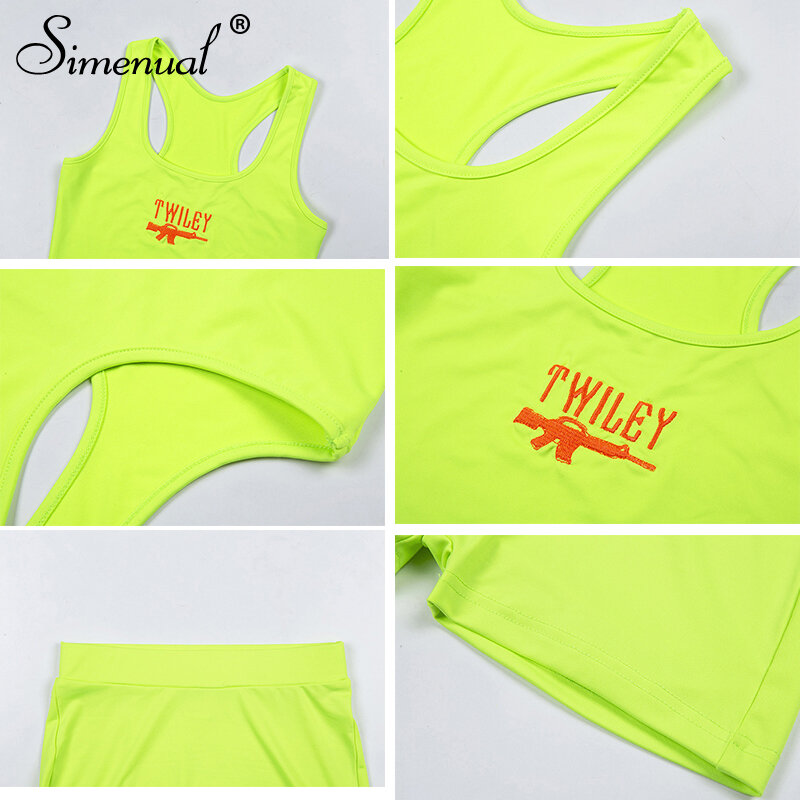 Simenual Brief Stickerei 2 Stück Set Frauen Casual Neon Farbe Anzüge Sommer Streetwear Crop Top Und Shorts Sets Mode Heißer